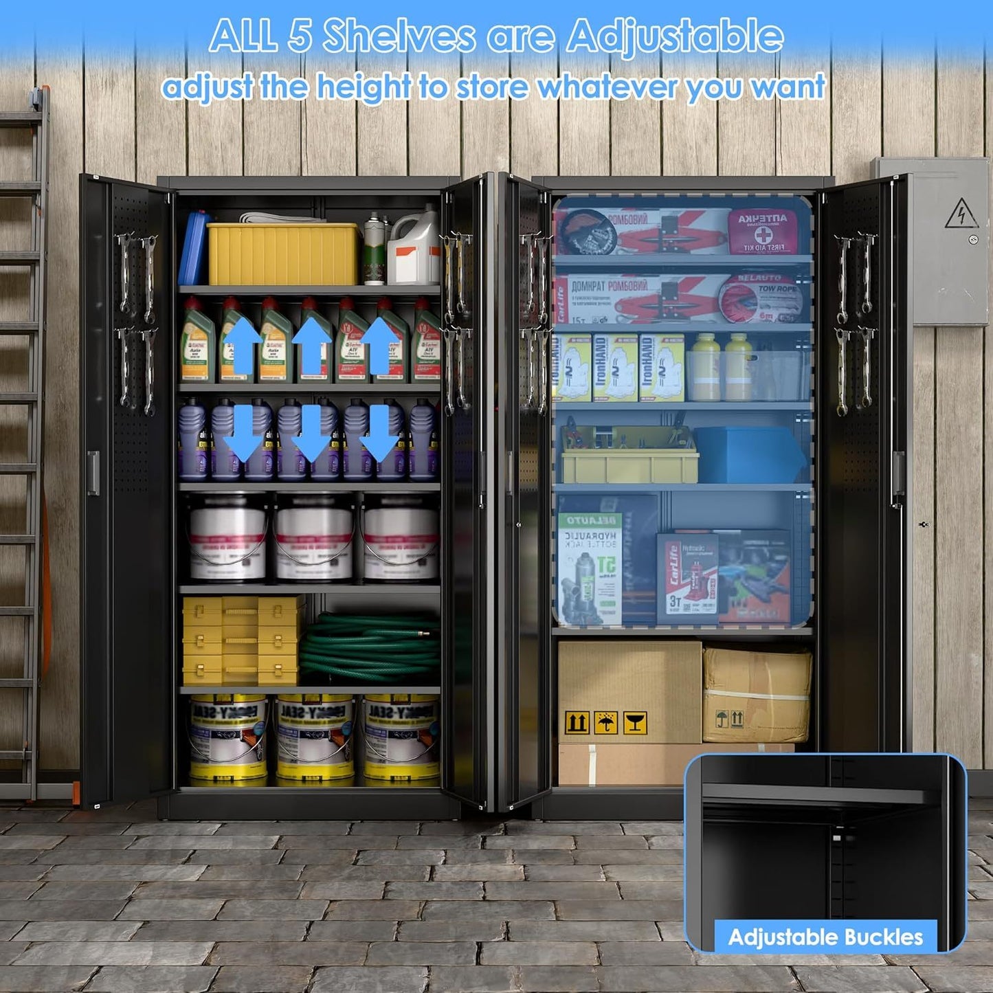 Steel Storage Cabinet With 5 Adjustable Shelves And Door For Garage, Office, Kitchen