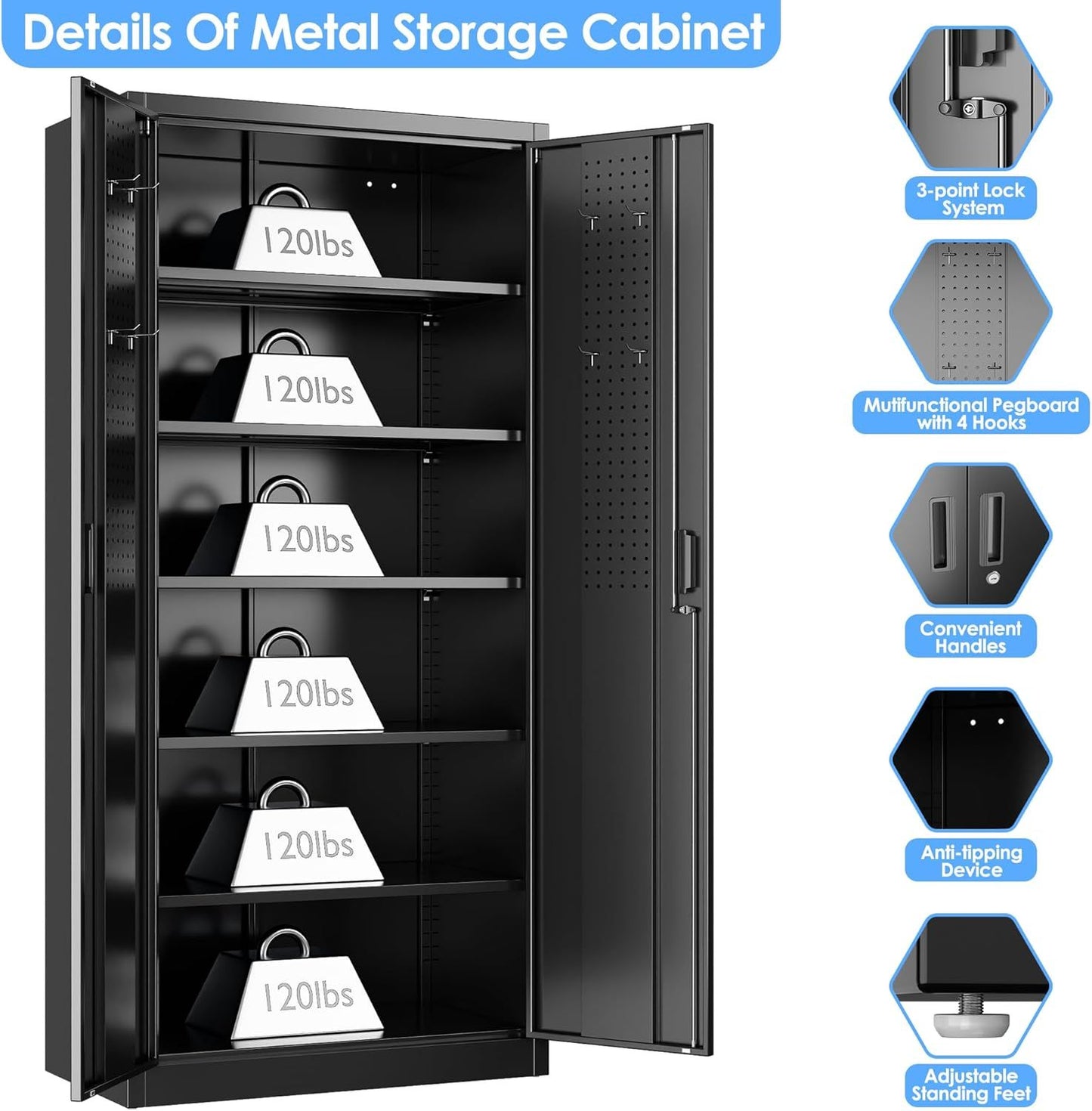 Steel Storage Cabinet With 5 Adjustable Shelves And Door For Garage, Office, Kitchen