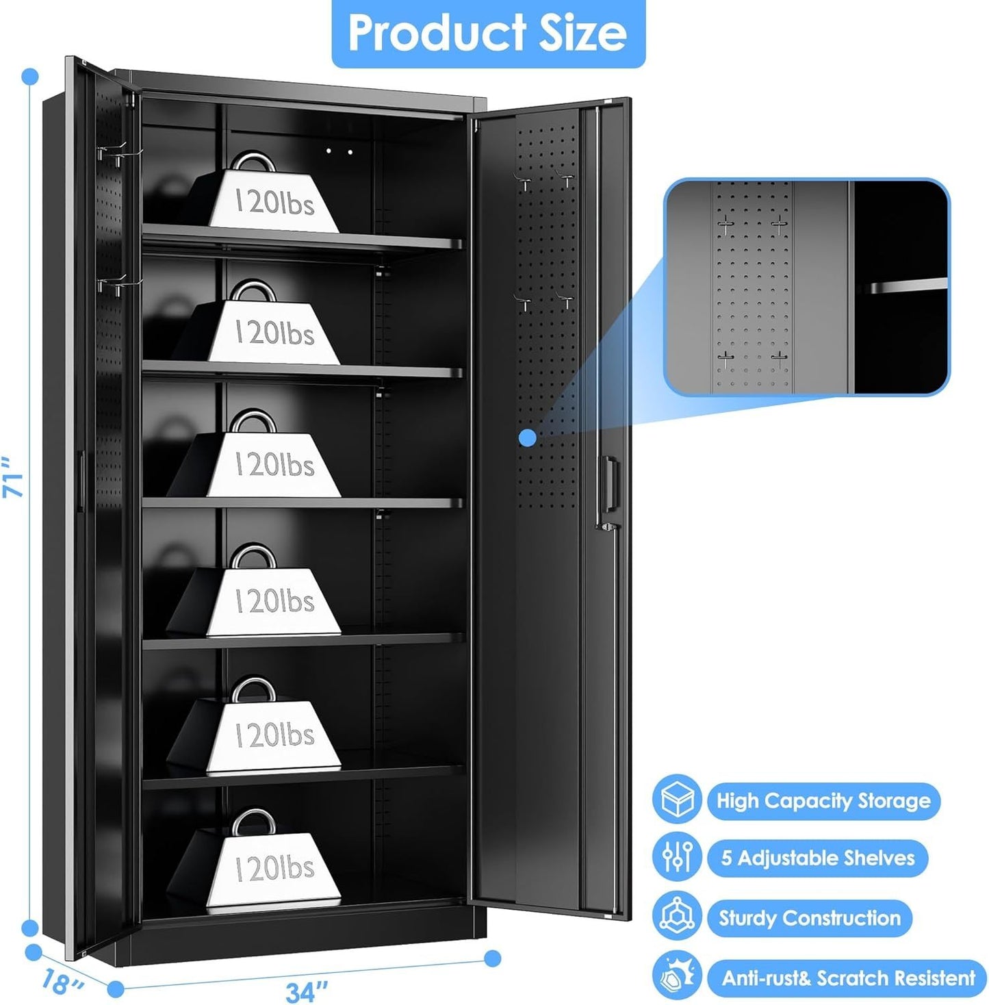 Steel Storage Cabinet With 5 Adjustable Shelves And Door For Garage, Office, Kitchen