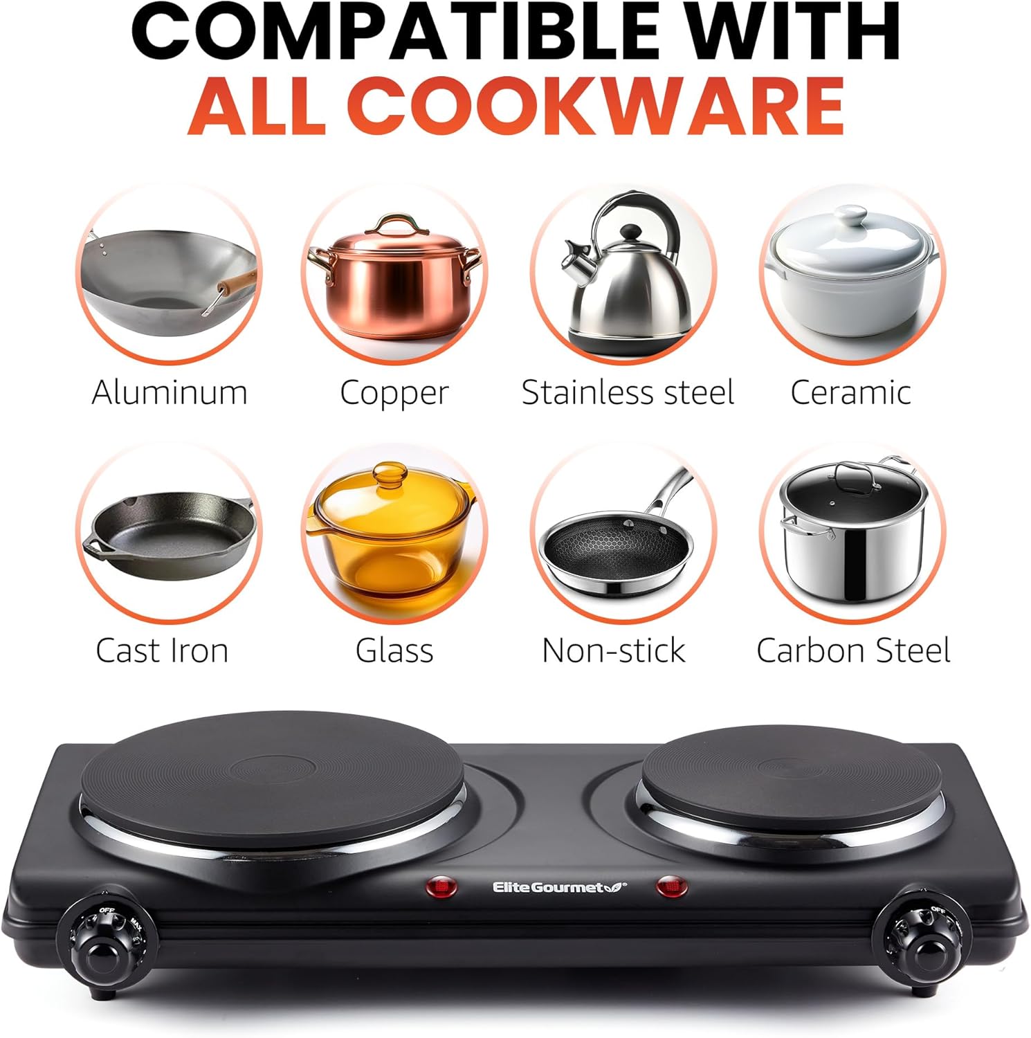 Elite Gourmet EDB-302BF# Countertop Double Cast Iron Burner, 1500 Watts Electric Hot Plate, Temperature Controls, Power Indicator Lights, Easy to Clean, Black