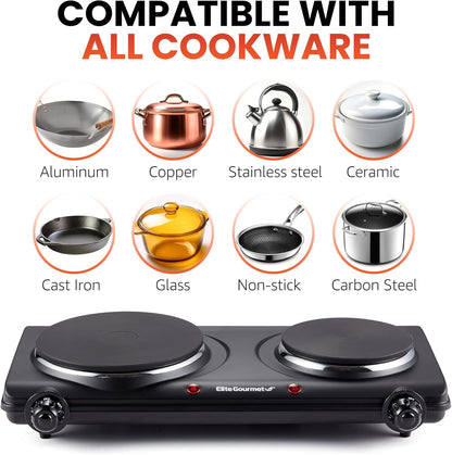 Elite Gourmet EDB-302BF# Countertop Double Cast Iron Burner, 1500 Watts Electric Hot Plate, Temperature Controls, Power Indicator Lights, Easy to Clean, Black