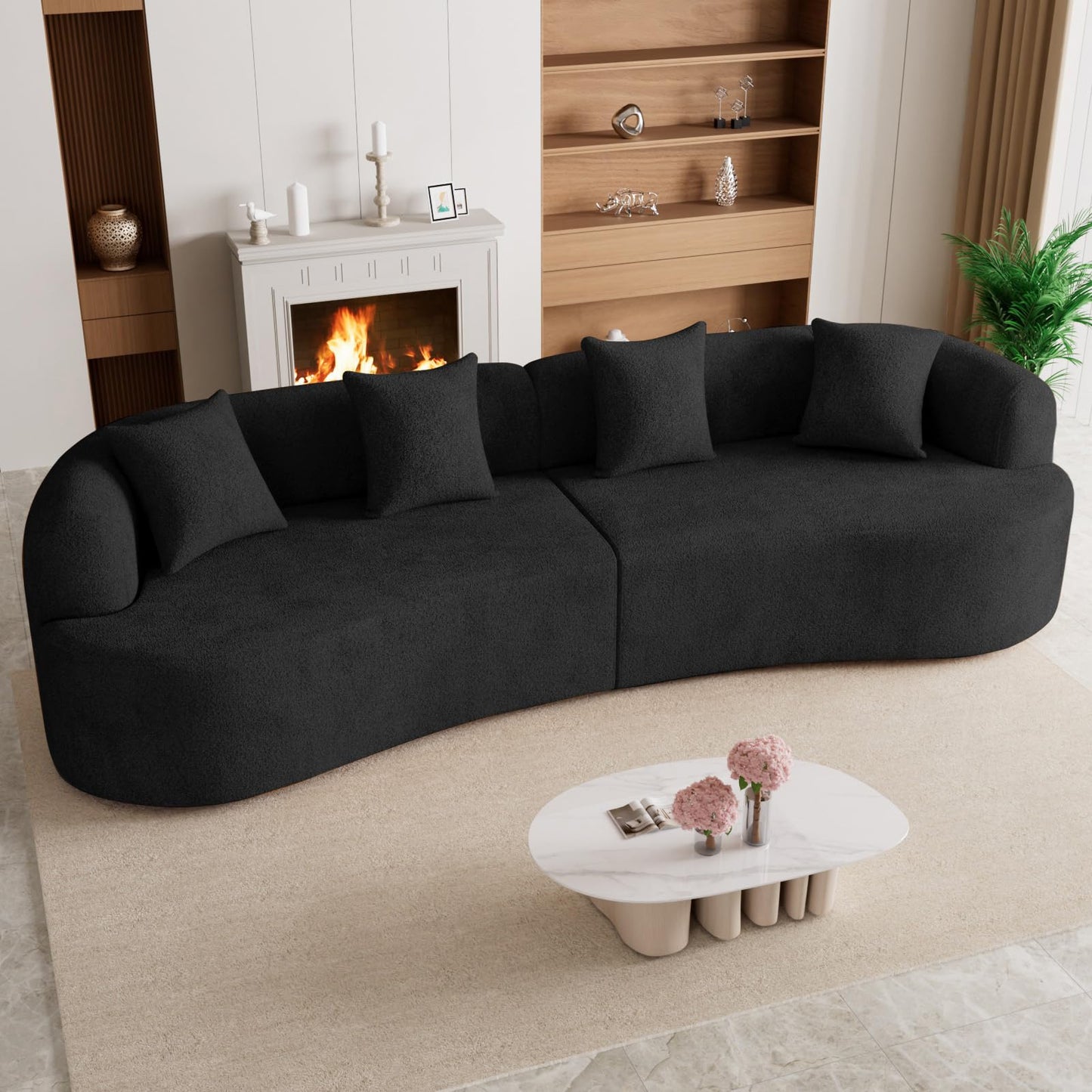 131" Oversized Sectional Sofa for Living Room, Modern Luxury Plush Chenille 4-Seater Extra Deep & Wide Seat Curved Cloud Couch with 4 Throw Pillows, No Assembly Needed, Light Brown