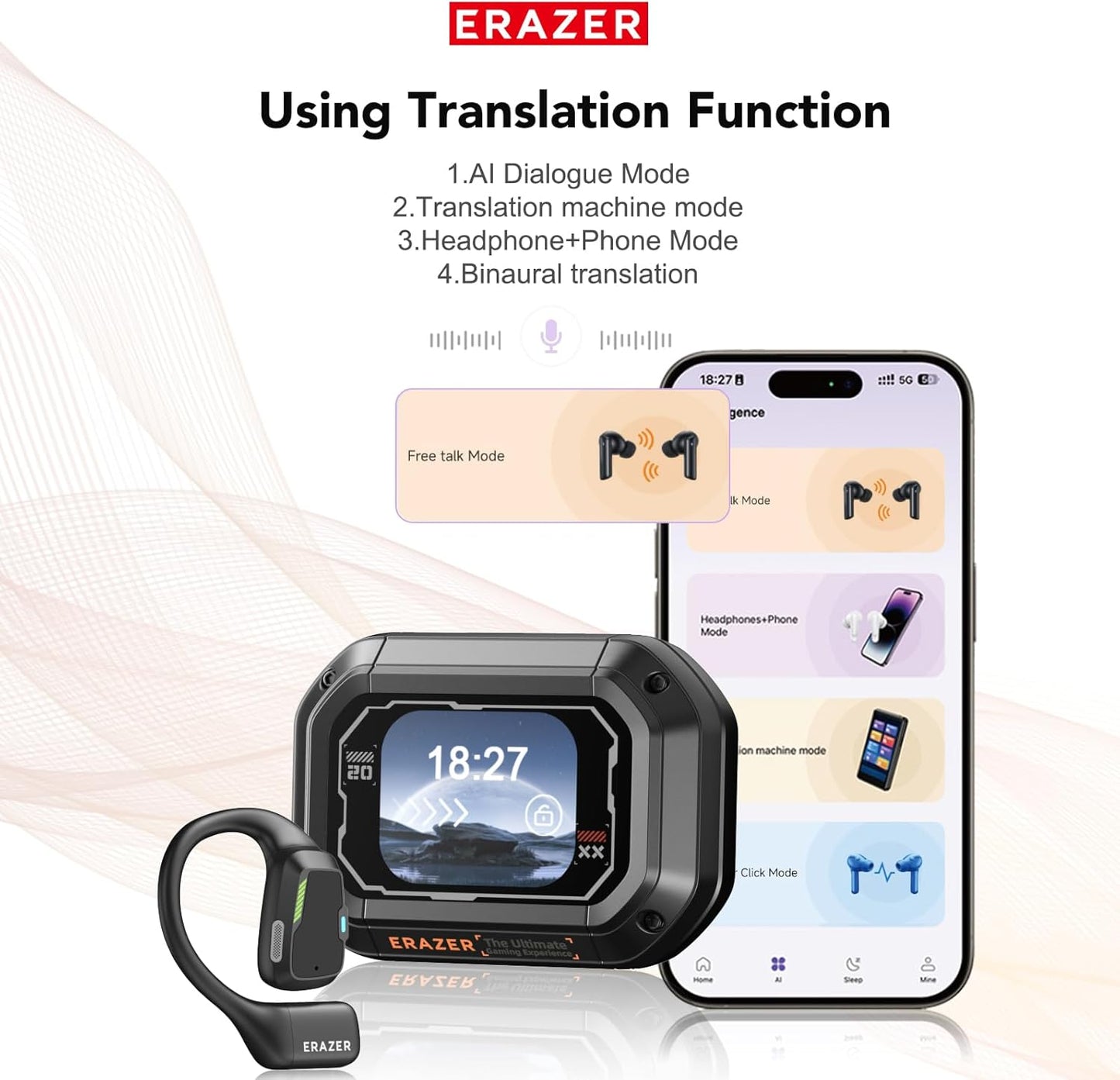 ERAZER XP6 AI Translation Earbuds Real-Time135 Language Translator Earbuds 4-in-1 Translation Headphones Open Ear Wireless Bluetooth 5.4 Ear buds with Charging Case fit iOS&Android for Travel Business