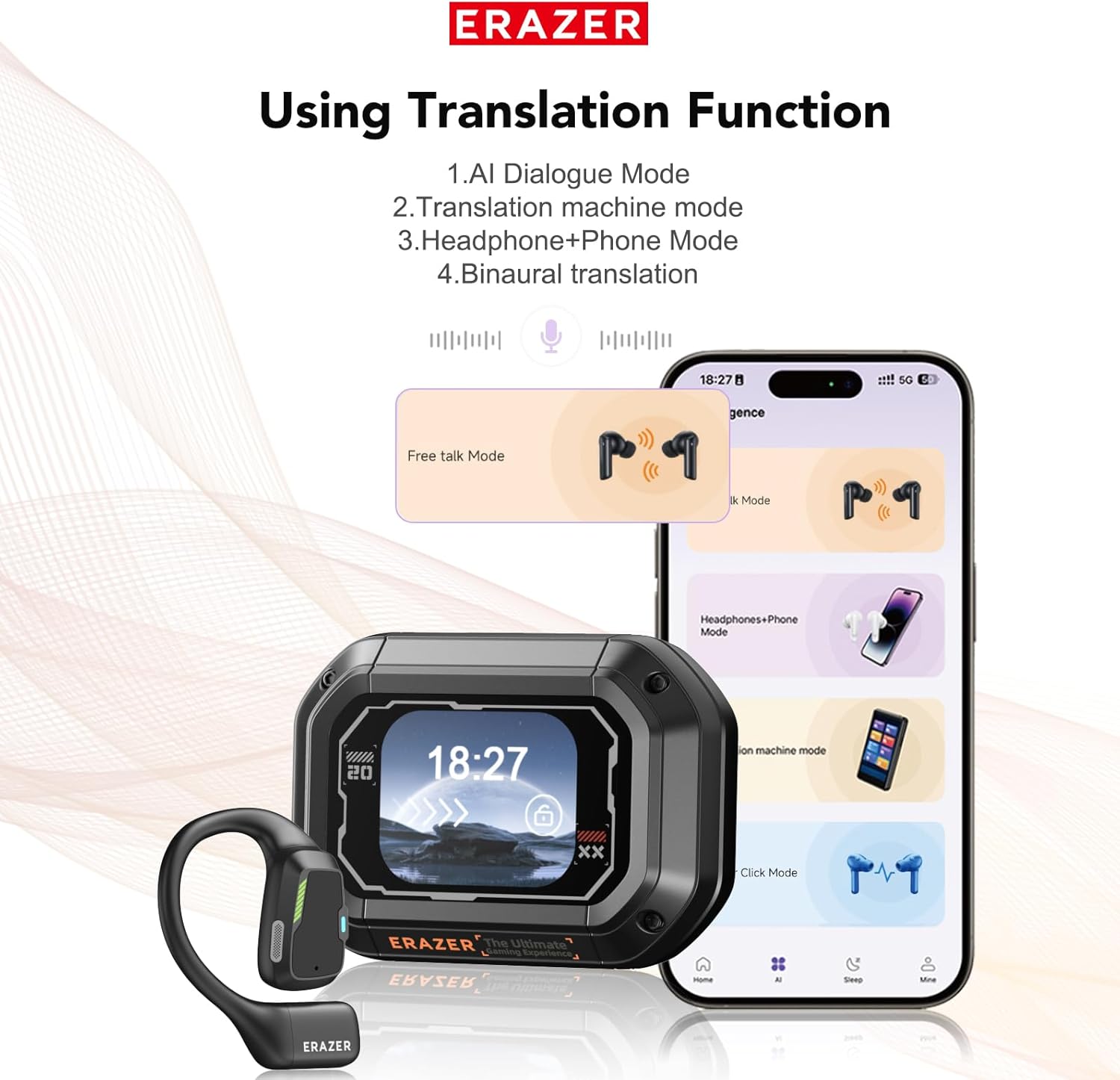 ERAZER XP6 AI Translation Earbuds Real-Time135 Language Translator Earbuds 4-in-1 Translation Headphones Open Ear Wireless Bluetooth 5.4 Ear buds with Charging Case fit iOS&Android for Travel Business