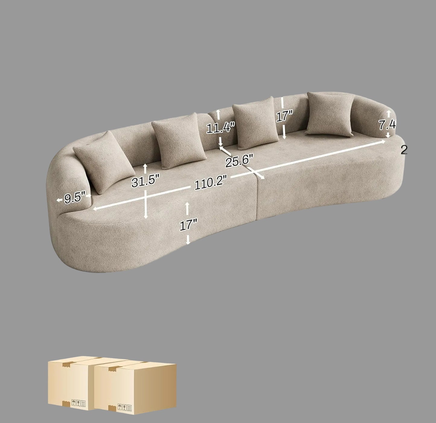 131" Oversized Sectional Sofa for Living Room, Modern Luxury Plush Chenille 4-Seater Extra Deep & Wide Seat Curved Cloud Couch with 4 Throw Pillows, No Assembly Needed, Light Brown