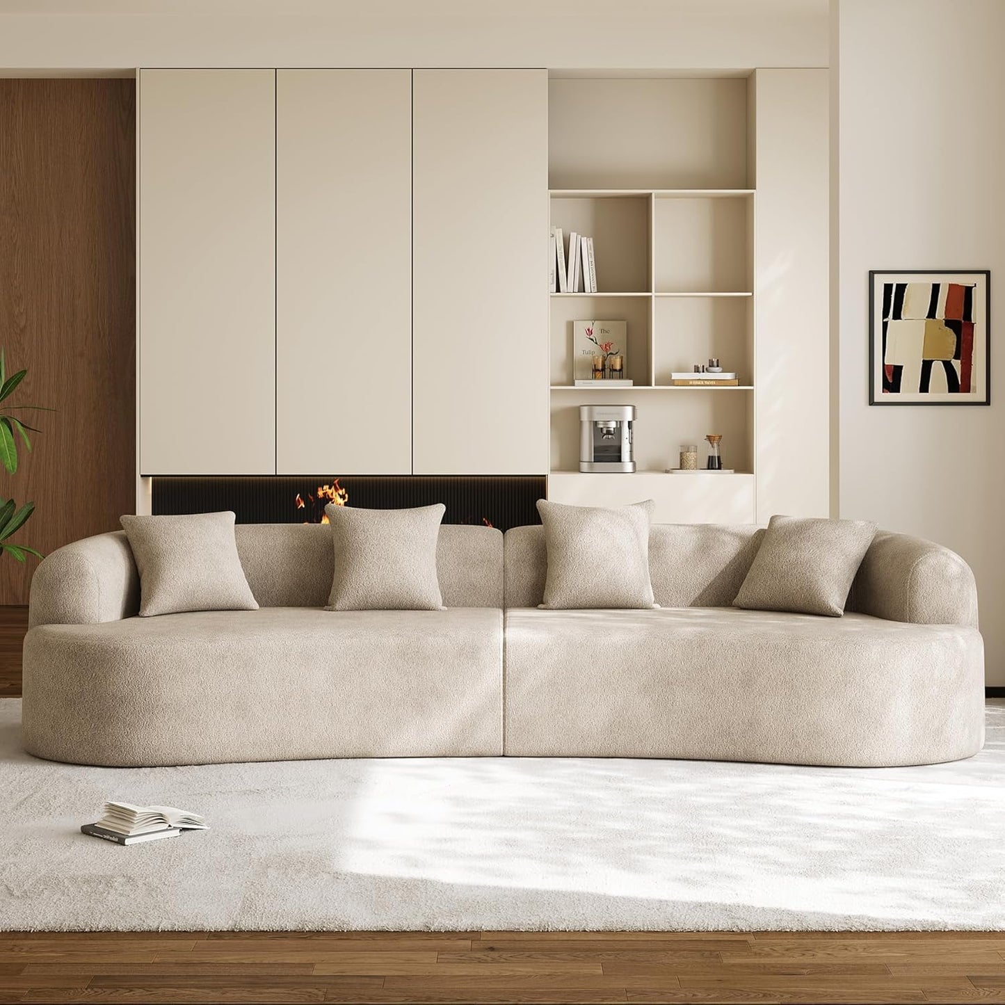 131" Oversized Sectional Sofa for Living Room, Modern Luxury Plush Chenille 4-Seater Extra Deep & Wide Seat Curved Cloud Couch with 4 Throw Pillows, No Assembly Needed, Light Brown