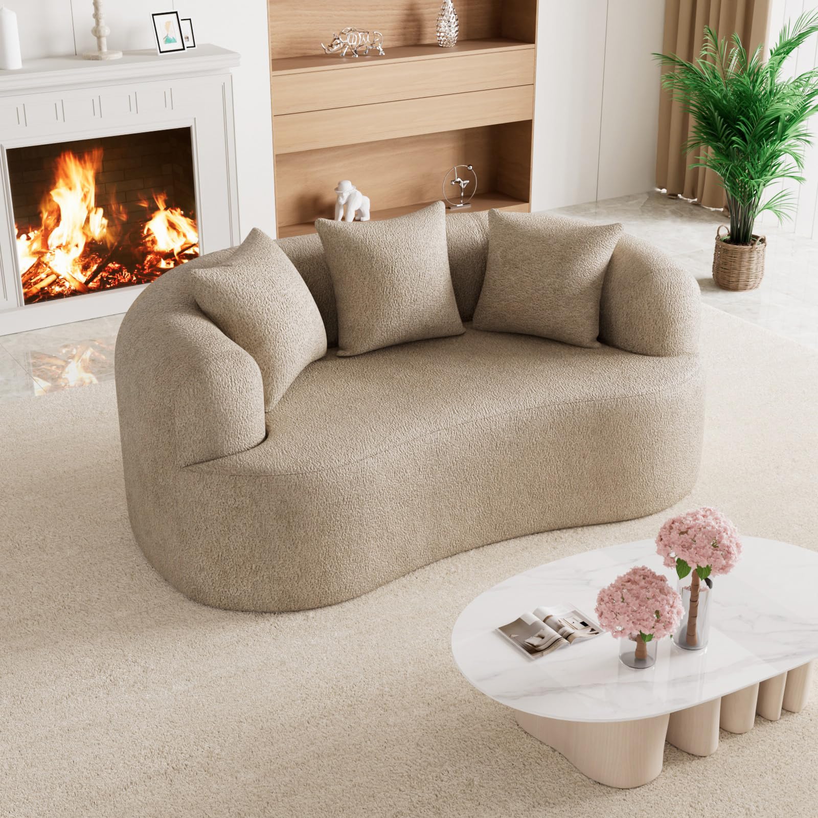 131" Oversized Sectional Sofa for Living Room, Modern Luxury Plush Chenille 4-Seater Extra Deep & Wide Seat Curved Cloud Couch with 4 Throw Pillows, No Assembly Needed, Light Brown