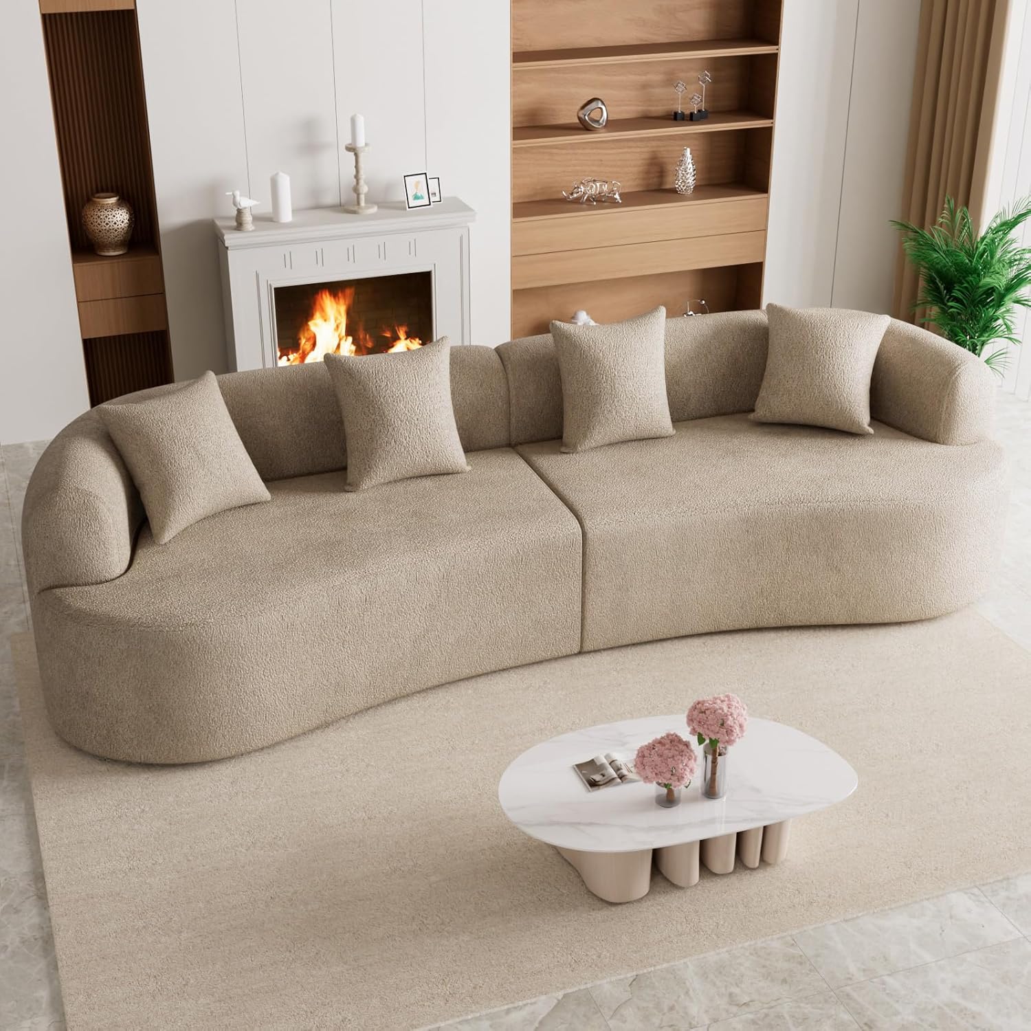 131" Oversized Sectional Sofa for Living Room, Modern Luxury Plush Chenille 4-Seater Extra Deep & Wide Seat Curved Cloud Couch with 4 Throw Pillows, No Assembly Needed, Light Brown