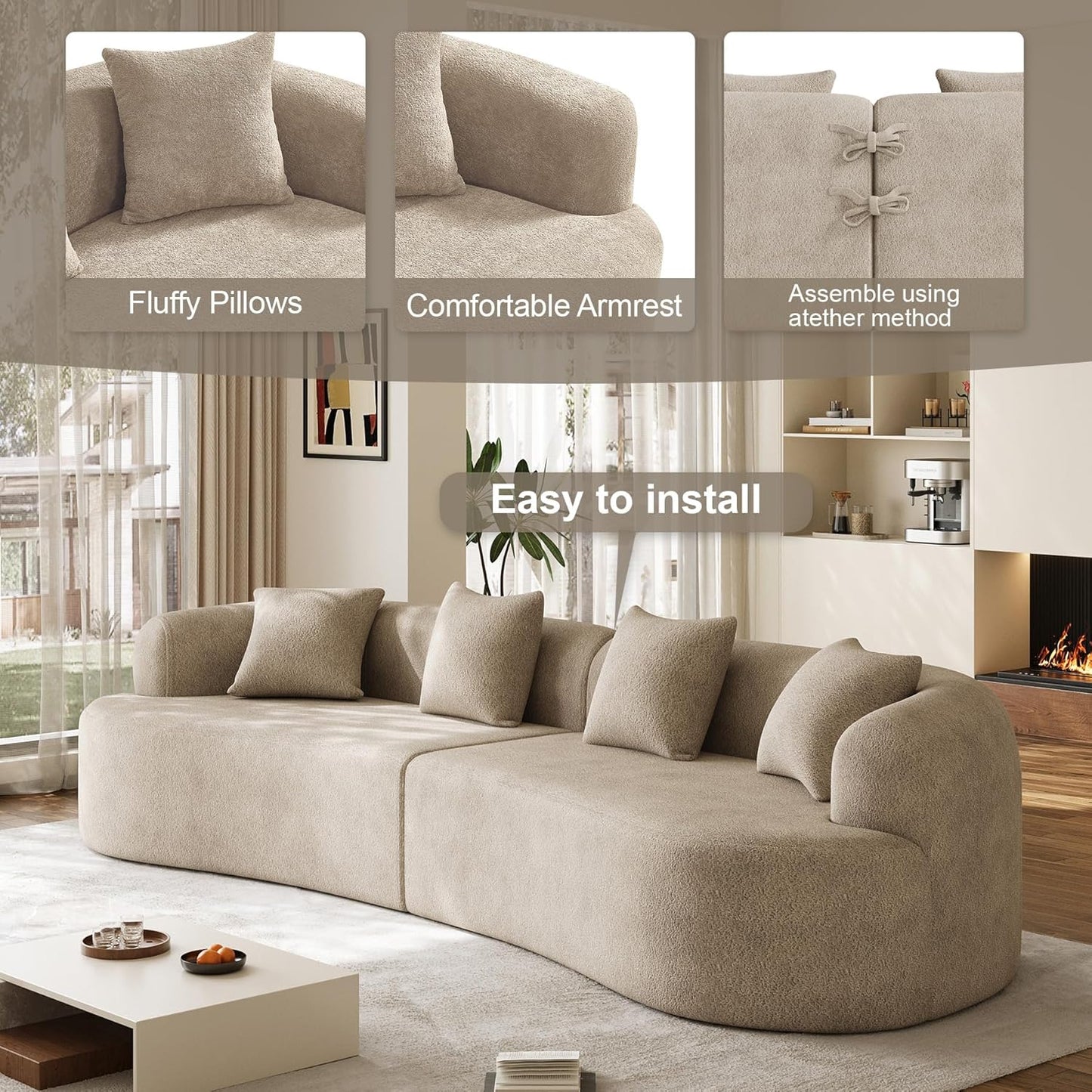 131" Oversized Sectional Sofa for Living Room, Modern Luxury Plush Chenille 4-Seater Extra Deep & Wide Seat Curved Cloud Couch with 4 Throw Pillows, No Assembly Needed, Light Brown