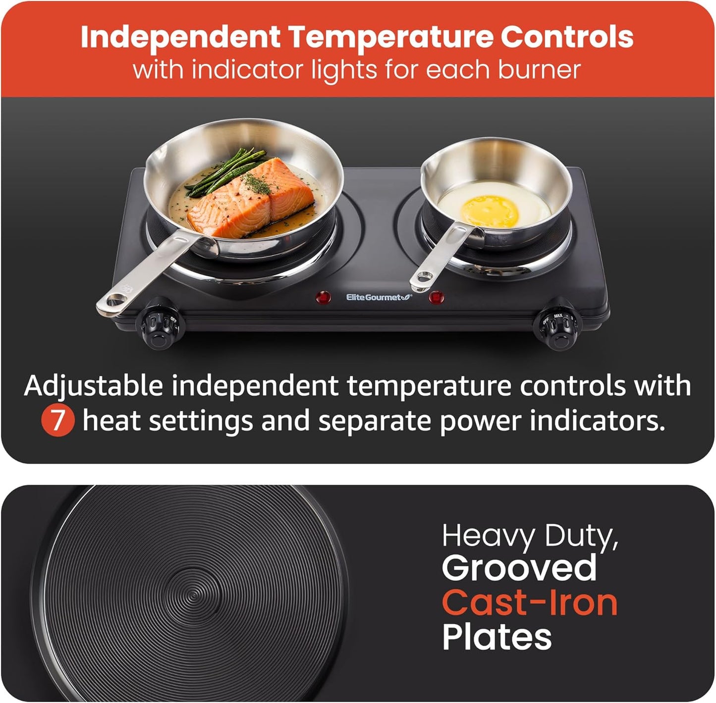 Elite Gourmet EDB-302BF# Countertop Double Cast Iron Burner, 1500 Watts Electric Hot Plate, Temperature Controls, Power Indicator Lights, Easy to Clean, Black