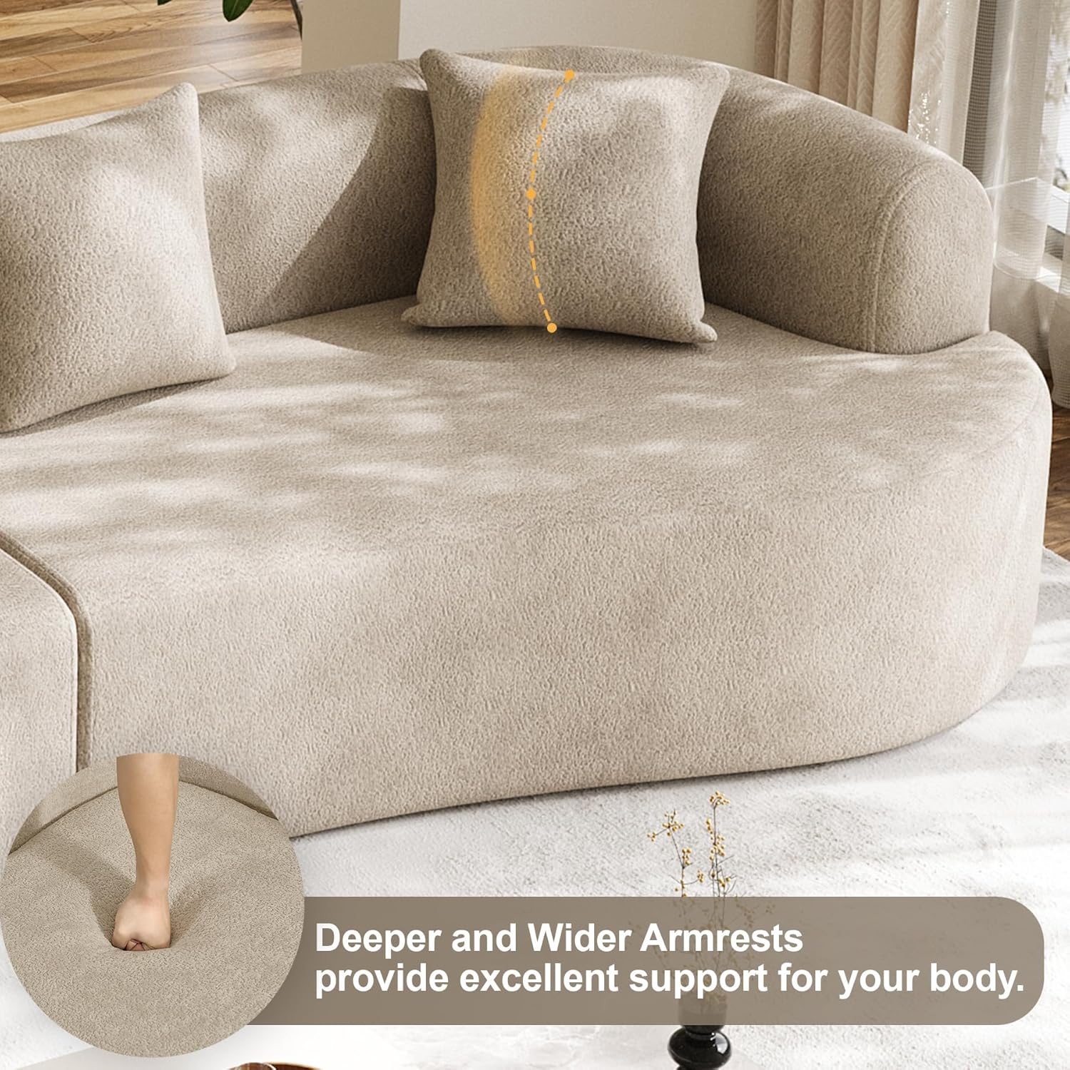 131" Oversized Sectional Sofa for Living Room, Modern Luxury Plush Chenille 4-Seater Extra Deep & Wide Seat Curved Cloud Couch with 4 Throw Pillows, No Assembly Needed, Light Brown