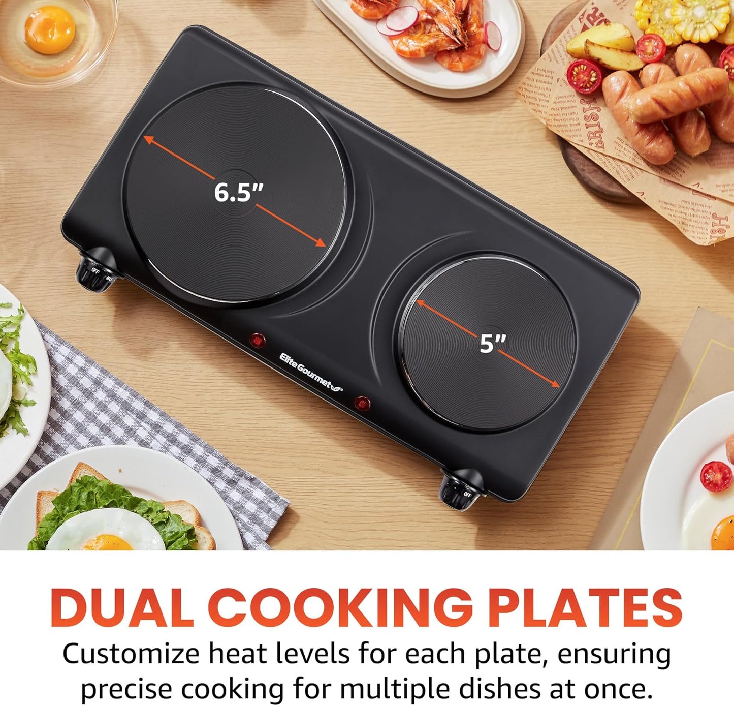 Elite Gourmet EDB-302BF# Countertop Double Cast Iron Burner, 1500 Watts Electric Hot Plate, Temperature Controls, Power Indicator Lights, Easy to Clean, Black