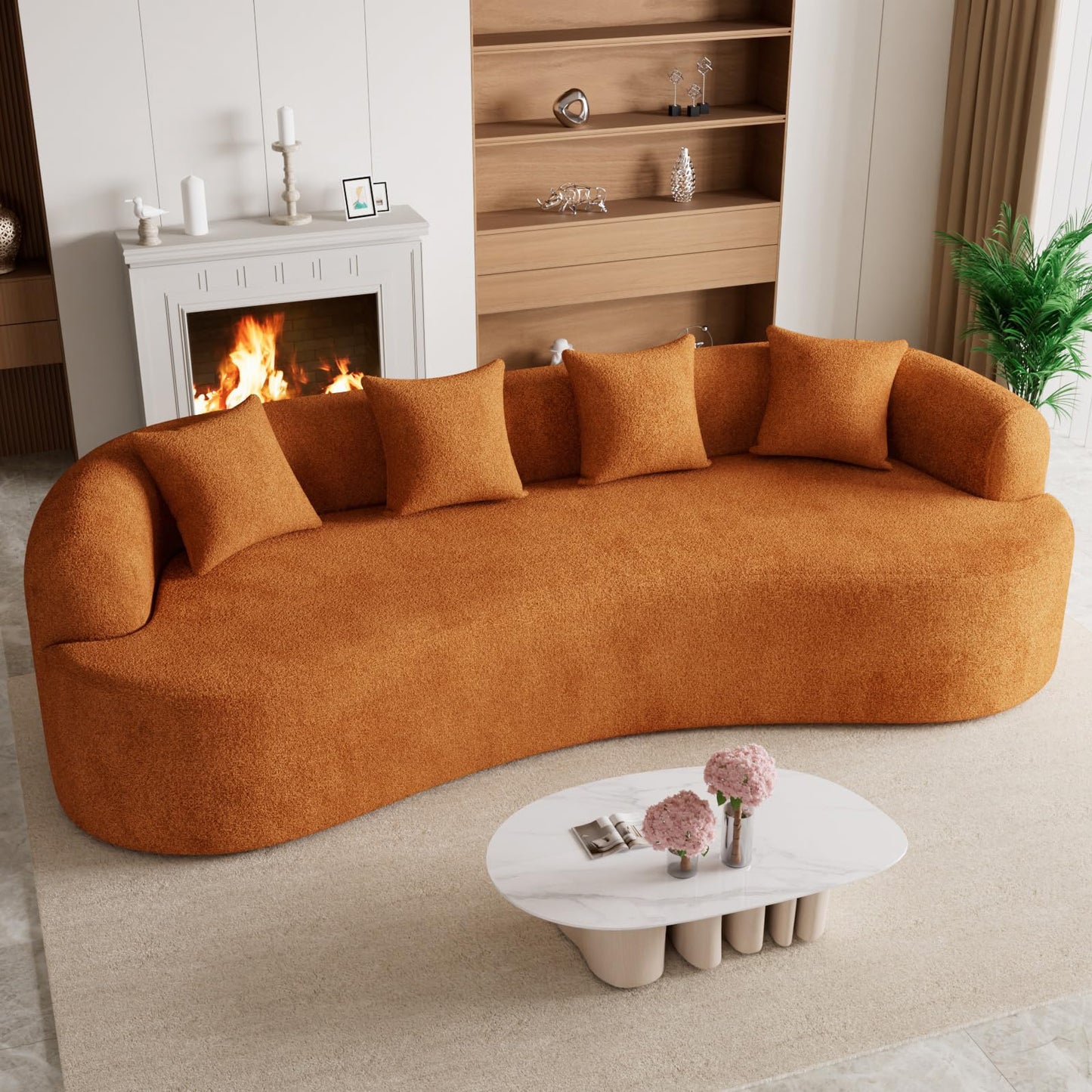 131" Oversized Sectional Sofa for Living Room, Modern Luxury Plush Chenille 4-Seater Extra Deep & Wide Seat Curved Cloud Couch with 4 Throw Pillows, No Assembly Needed, Light Brown