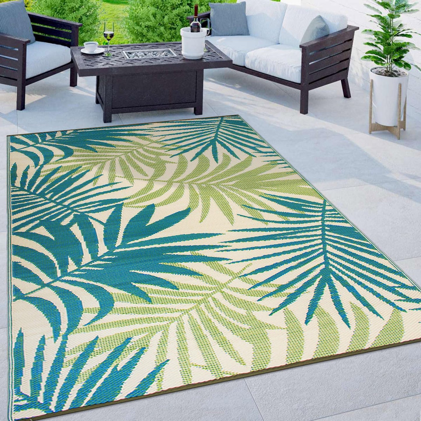 Rugshop Floral Tropical Reversible Crease-Free Waterproof Premium Recycled Plastic Outdoor Rugs for Patio,Backyard,RV,Deck,Picnic,Trailer,Beach,Camping,Sunroom Area Rug Green 7'10" X 10'