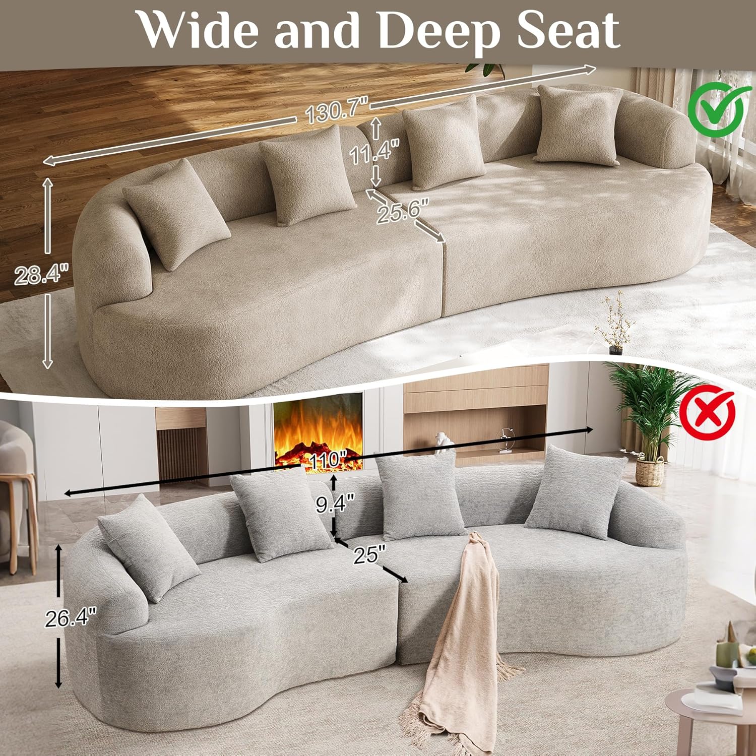 131" Oversized Sectional Sofa for Living Room, Modern Luxury Plush Chenille 4-Seater Extra Deep & Wide Seat Curved Cloud Couch with 4 Throw Pillows, No Assembly Needed, Light Brown