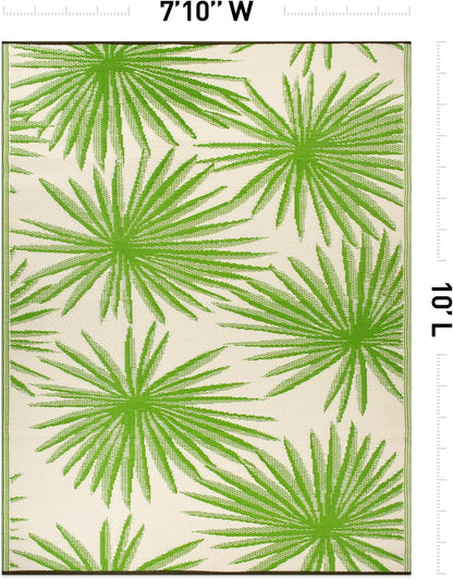 Rugshop Floral Tropical Reversible Crease-Free Waterproof Premium Recycled Plastic Outdoor Rugs for Patio,Backyard,RV,Deck,Picnic,Trailer,Beach,Camping,Sunroom Area Rug Green 7'10" X 10'