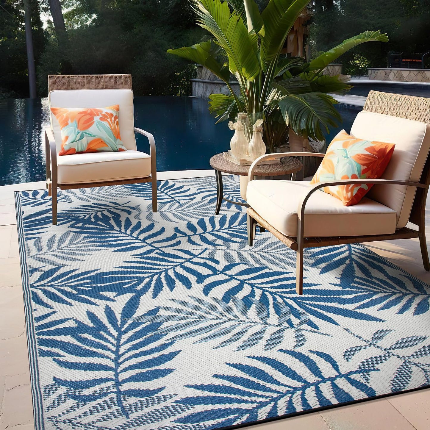 Rugshop Floral Tropical Reversible Crease-Free Waterproof Premium Recycled Plastic Outdoor Rugs for Patio,Backyard,RV,Deck,Picnic,Trailer,Beach,Camping,Sunroom Area Rug Green 7'10" X 10'