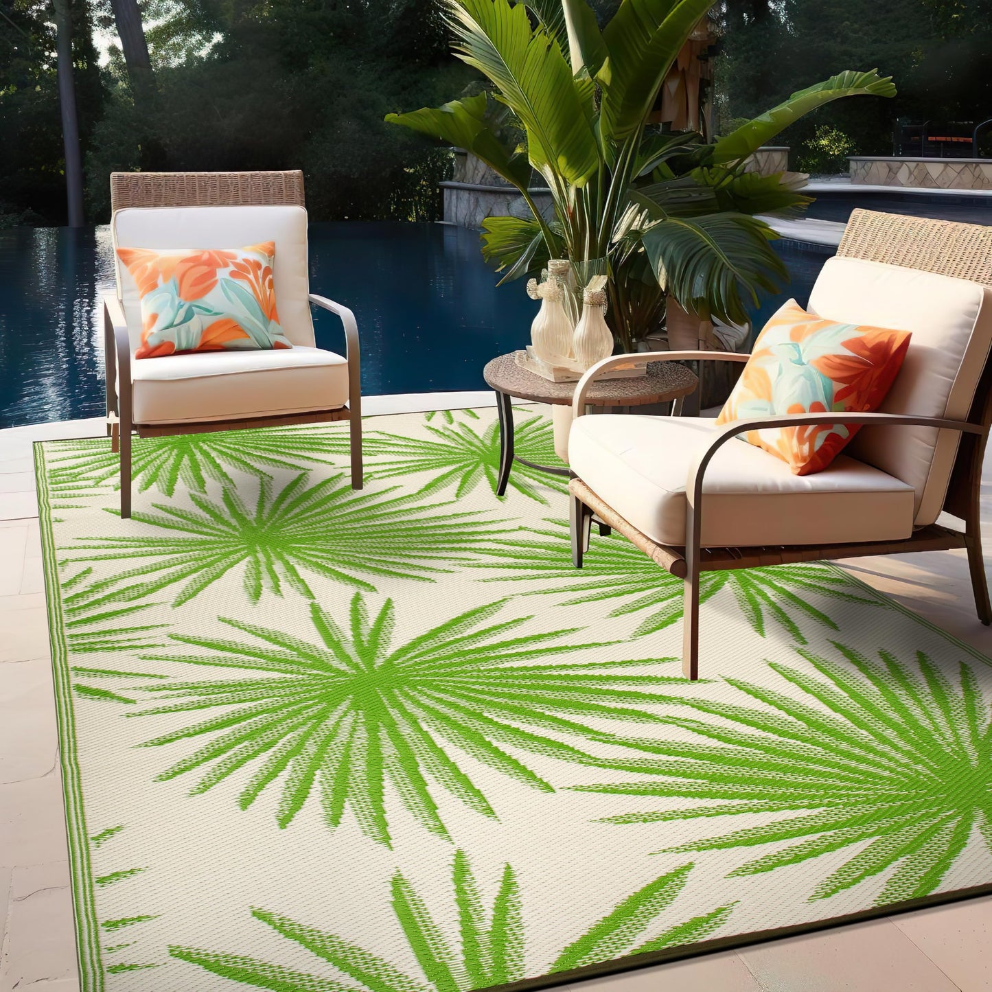 Rugshop Floral Tropical Reversible Crease-Free Waterproof Premium Recycled Plastic Outdoor Rugs for Patio,Backyard,RV,Deck,Picnic,Trailer,Beach,Camping,Sunroom Area Rug Green 7'10" X 10'