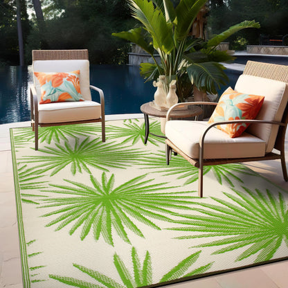 Rugshop Floral Tropical Reversible Crease-Free Waterproof Premium Recycled Plastic Outdoor Rugs for Patio,Backyard,RV,Deck,Picnic,Trailer,Beach,Camping,Sunroom Area Rug Green 7'10" X 10'