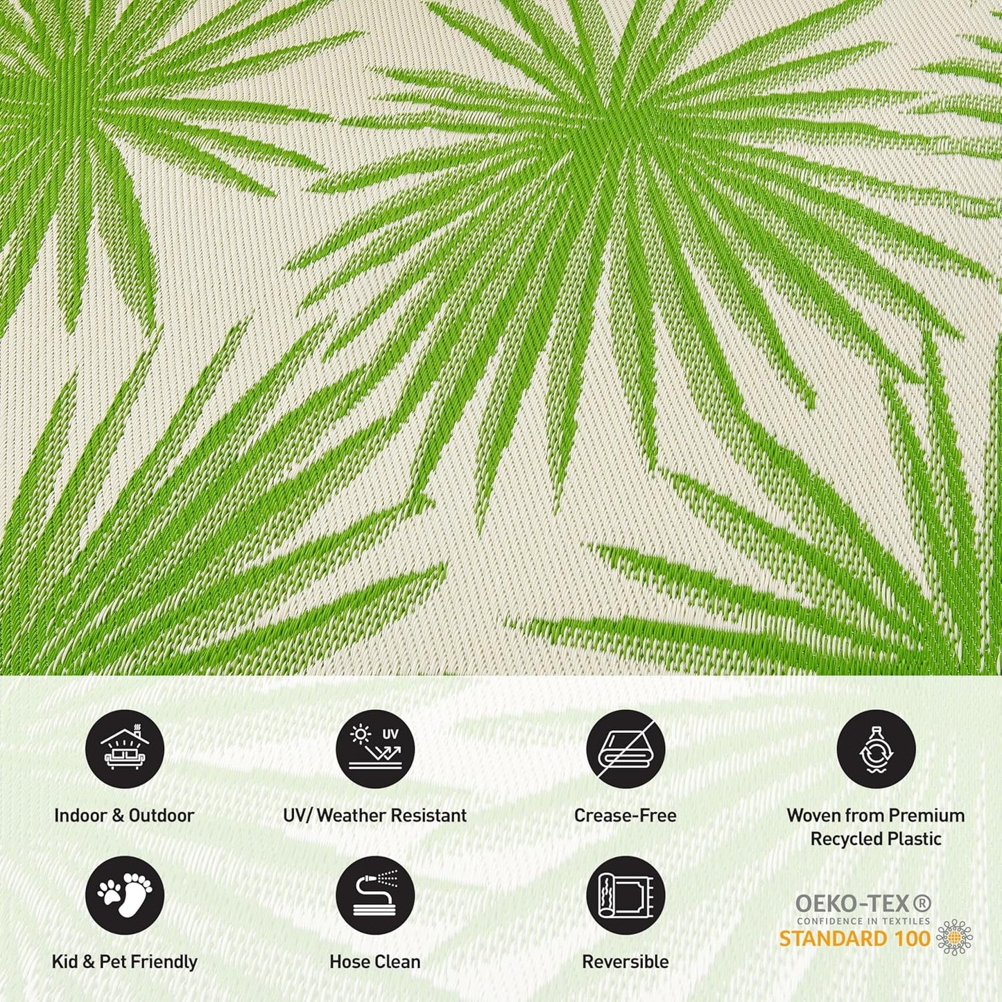 Rugshop Floral Tropical Reversible Crease-Free Waterproof Premium Recycled Plastic Outdoor Rugs for Patio,Backyard,RV,Deck,Picnic,Trailer,Beach,Camping,Sunroom Area Rug Green 7'10" X 10'