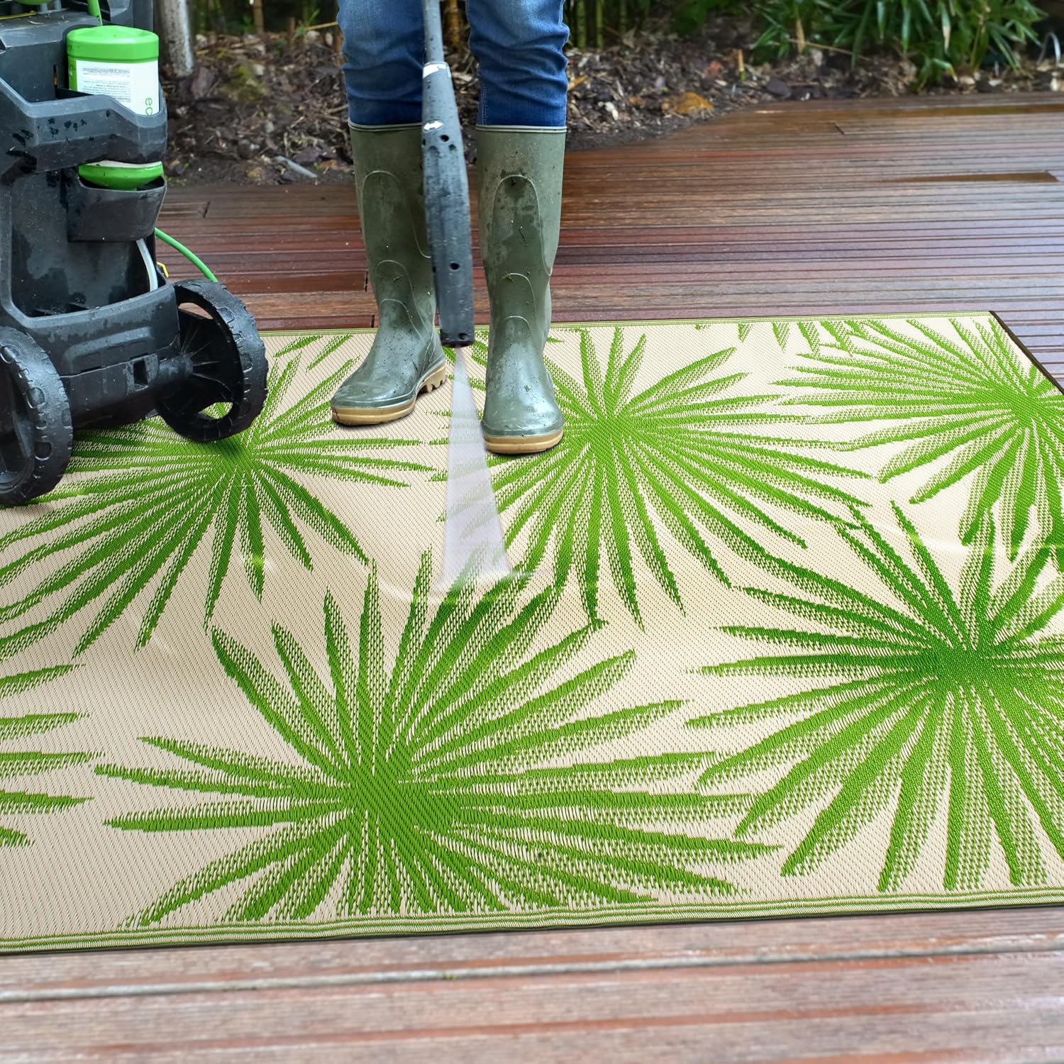 Rugshop Floral Tropical Reversible Crease-Free Waterproof Premium Recycled Plastic Outdoor Rugs for Patio,Backyard,RV,Deck,Picnic,Trailer,Beach,Camping,Sunroom Area Rug Green 7'10" X 10'